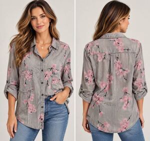 Billy T gray lyocell button-down blouse featuring an all-over pink cherry blosso
